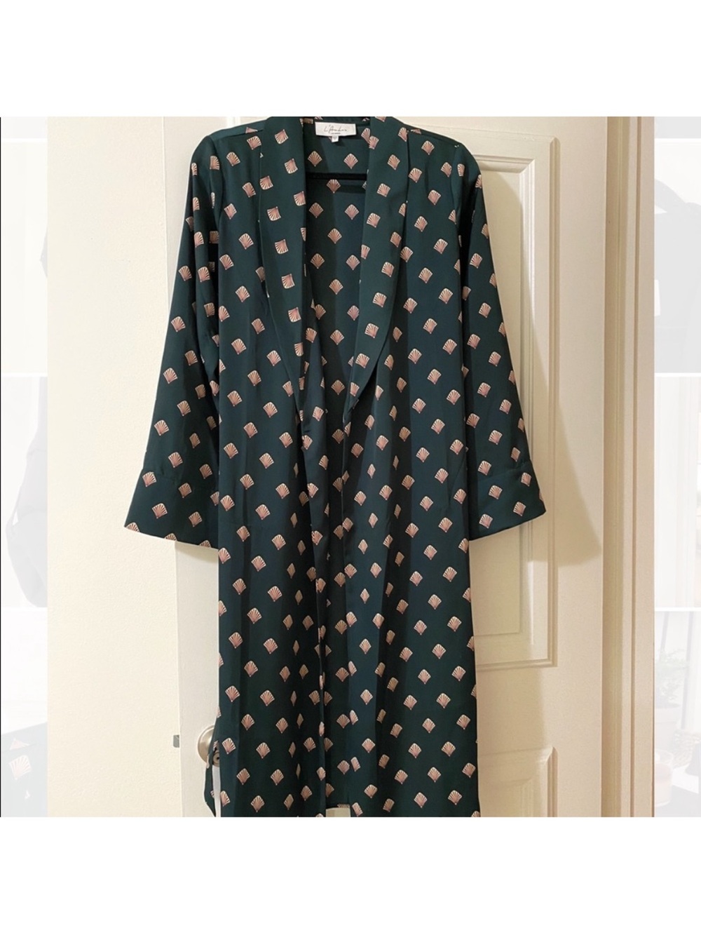 L'Academie Green Patterned Long Cardigan with Pink Accents - Picture 2 of 3